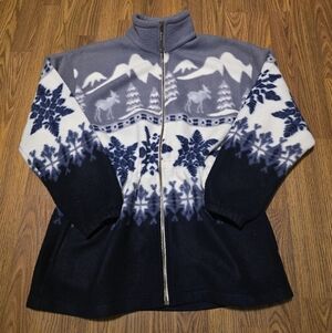 R&R SPORT Vintage 90s Fleece Jacket Winter Scene Moose Mountain Canada Medium